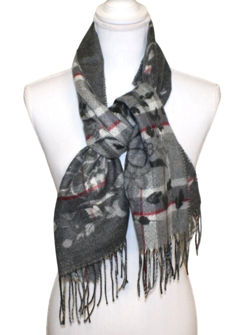 Croft & Barrow Soft Scarf Gray Plaid Floral Fringe Germany Made Warm Winter Wrap